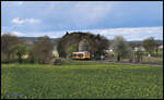 Ein Zug der Oberpfalzbahn hat Regenstauf verlassen und nähert sich bei Wenzenbach am 19.4.2026 um 15.12 Uhr dem Zielbahnhof Regensburg. Es führt der VT 648203.