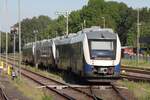 Am 23.05.2026 fuhr 628 481 mit zwei weiteren Triebwagen als RB 38 aus dem Bahnhof Soltau aus.