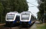 VT 523 der NWB als NWB81374 (Bremen Hbf-Osnabrck Hbf) und VT 528 mit *** als NWB81369 (Osnabrck Hbf-Bremen Hbf) in Heidkrug 20.8.09