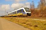 Eine Doppeleinheit RE10 nach Düsseldorf geführt vom 648 440 der NWB am Sonntag den 22.2.2015 in Richtung Neuss Vogelsang fahrend.