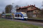 Lint 41 HarzElbeExpress HEX VT 804, Veolia (heute Transdev) 648 282-1 / 782-0 mit Werbung  Der Ilsetaler  (Alstom Bj. 2005) als HEX 80224 Halle (Saale) Hbf. - Halberstadt, KBS 330 Halle - Goslar, fotografiert im Bf. Sandersleben am 20.12.2014 