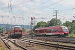 Nachschuss auf 648 202, als dieser am Nachmittag des 22.06.2019 als RB 23  Lahn-Eifel-Bahn  (Andernach  - Limburg (Lahn)) am Rangierbahnhof und DB Museum in Koblenz Lützel vorbei in Richtung