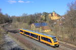Am 20.03.2019 verlässt 1648 208 als Oberpfalzbahn Regensburg-Marktredwitz den Bahnhof Reuth bei Erbendorf.