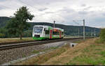 650 246-1 (VT 307 | Stadler Regio-Shuttle RS 1), der noch für die Bundesgartenschau 2021 in Erfurt wirbt, dieselt aus Orlamünde.