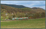VT 002 und ein weiterer RS 1 der Erfurter Bahn rollen am 03.04.2026 durch den Thüringer Wald bei Watzdorf Richtung Erfurt. Rechts ist die Burg Greifenstein zu erkennen.