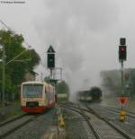 Jubilum 5 Jahre Ringzug:VT 242 der HzL Richtung Trossingen Stadt aufbricht verlsst der Sdz mit 58 311 Trossingen Bahnhof Richtung Brunlingen 13.9.08