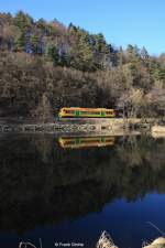 BR 650 Stadler Regio-Shuttle RS1, VT 39 der Oberpfalzbahn als RB 32944 Lam - Schwandorf, KBS 877 Lam - Cham, fotografiert am Regen zwischen Blaibach und Bad Ktzting am 04.03.2013 