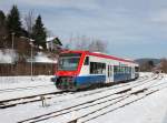 Der VT 65 bei einer Rangierfahrt am 11.02.2013 in Zwiesel.