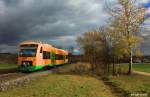 Oberpfalzbahn VT 39 RBG 650 672-8, Regio-Shuttle RS1 (Baujahr 2001, Stadler) als RB 59932 Lam - Schwandorf, KBS 875 Furth im Wald - Schwandorf, fotografiert bei Ponholzmühle in der Regentalaue