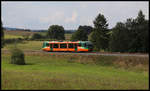 Auf der Fahrt von Karlovy Vary nach Mariansky Lazne überquert der GWTrain VT 654048-7 hier den Mittelgebirgszug  am 18.08.2020 um 15.52 Uhr bei Tepla.