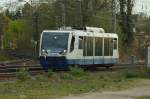 Aus Dalheim kommend ist der RTB Triebwagen 6.010 hier in Rheydt Hbf bei der Einfahrt zu sehen am Mittwochabend den 2.4.2014