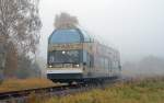 Am 31.10.11 fuhr die DWE auf der Strecke Dessau - Oranienbaum - Wrlitz mit ihrem Doppelstockschienenbus Planverkehr. Hier befindet sich 670 004 in Oranienbaum auf dem Weg nach Dessau.