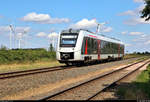 1648 446 (Alstom Coradia LINT 41) der Abellio Rail Mitteldeutschland GmbH als RE 75735 (RE24) von Halberstadt nach Halle(Saale)Hbf fährt in Nauendorf-Merbitz (Stadt Wettin-Löbejün) auf