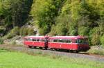 28.09.2014 Rodachtalbahn, Die Schienenbus-Garnitur des Vereins 798 731 und 998 744 verkehrt an Wochenenden zwischen Steinwiesen und Nordhalben.
