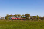 Der EVB Moorexpress bei Worpswede nach Osterholz Scharmbeck am 1.5.26. Triebwagen: 796 828, 998 915, 996 777