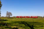 Der EVB Moorexpress bei Worpswede nach Osterholz Scharmbeck am 1.5.26. Triebwagen: 796 828, 998 915, 996 777