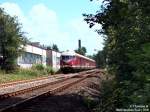 Der VT 08 Weltmeisterzug im August 2006 auf dem Streckenabschnitt Remscheid Lennep nach Remscheid Hbf. Die Fahrt sollte von Remscheid nach Solingen ber die Mngstener Brcke fortgesetzt werden, endete aber auerplanmig nur wenige Km spter in Remscheid Hbf.