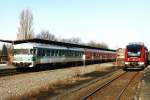 bergangszeit in Coesfeld: Rechts ein BR 640 und links der 624 634-2/924 415-3/624 636-7 mit RB 12363 (RB 51 Westmnsterland-Bahn) Dortmund-Enschede (Die Niederlande) am 26-2-2003.