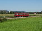 Der 798 522 und der 998 724 als Sonderzug nach Nördlingen am 18.08.2019 unterwegs bei Wassertrüdingen.