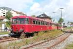 Die Schienenbusgarnitur 798 776, 998 840 und 798 706 der Passauer Eisenbahnfreunde kurz nach der Ankunft in Freyung in Bayern am 15.8.2014.