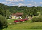 Der Schienenbus der Passauer Eisenbahnfreunde 798 706 + 998 840 + 798 776 bei einer Sonderfahrt auf der Ilztalbahn am 15.08.2013 bei Neuhausmhle.