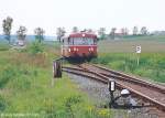 5 km westlich von Burgebrach folgte die erste Haltestelle mit Weiche. Das namensgebende Mönchsambach und Wolfsbach lagen etwa 500 Meter entfernt und hatten jew.knapp 100 Einwohner. Dennoch gab es ein Anschlussgleis - am 21.5.95 war die Abzweigweiche aber nicht mehr nutzbar. (Blick nach Westen)