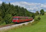 Der Schienenbus der Passauer Eisenbahnfreunde 798 706 + 998 840 + 798 776 bei einer Sonderfahrt auf der Ilztalbahn am 15.08.2013 bei Karlsbach.