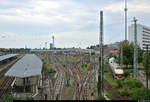 Blick auf die umfangreiche Abstellgruppe des Bahnhofs Berlin-Lichtenberg mit 675 015 (175 015-7 | DR VT 18.16) der BSW Freizeitgruppe SVT 175 Berlin-Lichtenberg, der hier dauerhaft abgestellt ist.
Aufgenommen von der Brücke der B 1.
[19.7.2019 | 14:49 Uhr]