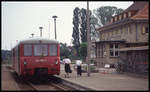 Bahnhof Jerichow am 20.5.1993: Der Triebwagen aus Güsen ist um 15.01 Uhr pünktlich in Jerichow angekommen.