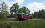 Auf dem Weg von Ferropolis nach Wörlitz passieren die drei Ferkeltaxen von Köstner Schienenbusreisen am 18.05.19 den Bahnübergang zwischen Jüdenberg und Oranienbaum.