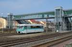 DR 772 155-8 , VEV 772 004-7 der Vorwohle-Emmerthaler Verkehrsbetriebe (Bj. 1969, Waggonbau Görlitz) im Pendelverkehr zum Bw-Fest des Eisenbahnfreunde Traditionsbahnbetriebswerk Staßfurt e.V., fotografiert bei Ausfahrt Bf. Staßfurt zum Bw nach Leopoldshall am 29.03.2014