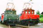 11.06.1994,  Historische Fahrzeugschau im Bw Garmisch-Partenkirchen, Die rote E 69 03 und die grüne E 69 02 kämpfen wohl um den Titel  Schönste im Land .