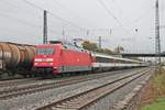 Durchfahrt am 09.11.2016 von 101 088-3 mit dem EC 6 (Interlaken Ost - Hamburg Altona) durch den Bahnhof von Müllheim (Baden) in Richtung Freiburg (Breisgau).