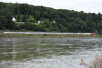 Die Elektrolokomotive 101 033-9 war Anfang August 2021 mit einer IC-Garnitur auf der linken Rheinstrecke bei Remagen unterwegs.