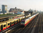 Im morgendlichen Gegenlicht fährt der TEE Rheingold der AKE-Eisenbahntouristik als DZ 320 von Cottbus nach Hamburg, Höhe Beusselstraße, gezogen von der 101 001.