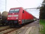 Deutsche Bahn, BR 101 077-6 wird im dnischen Grenzbahnhof Padborg, am 17.09.2007, dem EC 371, rhus - Praha vorgespannt.