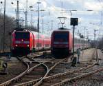 146 131-8 mit RE als Leerpark neben 101 007-3 mit IC 430 nach Luxemburg. Aufgenommen am 19.03.2008 im Bahnhof Norddeich