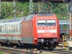 BR 101 025-5 hat am 10.05.08 mit InterCity 2368 nach Karlsruhe Hbf Ausfahrt aus dem Bahnhof Ulm Hbf.