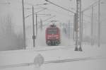 Jungs schimpft nicht ber den Regen, vor kurzem sah das noch so aus.
101 125 kommt mit ihrem IC aus Binz nach Stralsund am 10.02.2010