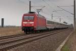 Ein IC gezogen von 101 109 rollt am 15.04.2012 bei Bornitz in Richtung Oschatz.