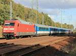 101 052-9 mit dem EC 379 nach Brno hl.n. passiert am 14. Oktober 2012 den Ort Diedersdorf in Brandenburg auf dem sdlichen Berliner Auenring.