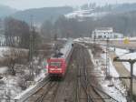 101 143-6 ist am 20. Januar 2013 mit IC 2905 nach Mnchen Hbf bei Pressig Richtung Kronach unterwegs.