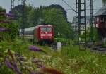 Mit gut 26 min. Verspätung ist der IC 2223 bei der Einfahrt in Rheydt Hbf mit der  101 044-6 im strömendem Regen zu sehen. 8.7.2014