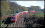 101037 ist hier am Ortsrand von Hasbergen am 13.4.1998 um 9.43 Uhr mit dem EC Prinz Eugen nach Wien unterwegs.