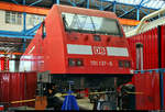 101 137-8 steht aufgebockt in der Werkhalle 1 des DB Werk Dessau (DB Fahrzeuginstandhaltung GmbH).