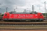 Seitenportrait von 101 114-7  D´r Zoch kütt! , welche am 23.07.2015 im südlichen Teil vom Badischen Bahnhof von Basel abgestellt stand.