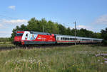 Intercity mit der 101 076-8  CEWE Fotobuch  in Front, unterwegs in Richtung Hamburg. 3km östlich von Büchen, 23.07.2018