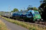 09.07.2025, 18:15 Uhr: 101 039-6 (Fahrziel Natur) mit dem letzten, mit 66+ heftig versp�teten Oberstdorfer IC 2012 aufgenommen zwischen Erpel und Linz (Rhld.) unterhalb der Erpeler Ley.