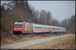 101 037-0  ARD-Buffet  am 23.02.08 mit IC 2162 von Passau Hbf nach Karlsruhe Hbf, aufgenommen am Km 1,6 der oberen Jagsttalbahn (KBS 786) bei Rainau-Buch, kurz vor Goldshfe.