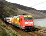 Als die Sonne schon gewandert war konnte ich am 28.03.2008 noch 101 037  ARD Buffet  mit IC 2027 nach Passau in der Bopparder Rheinkurze aufnehmen.
